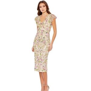 Mac Duggal Floral Sequin Flutter Sleeve Midi Dress Sequin Beaded NWT 10